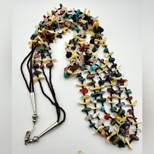 34" Zuni-style fetish, 3-strand, multi-chip stone and seed bead necklace!